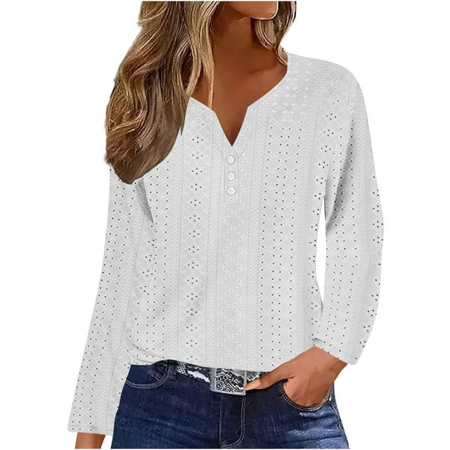 Timegard Hauts à Œillets pour Femmes Blouse à Boutons Col en V Habillée Décontractée Manches Longues Ample Automne