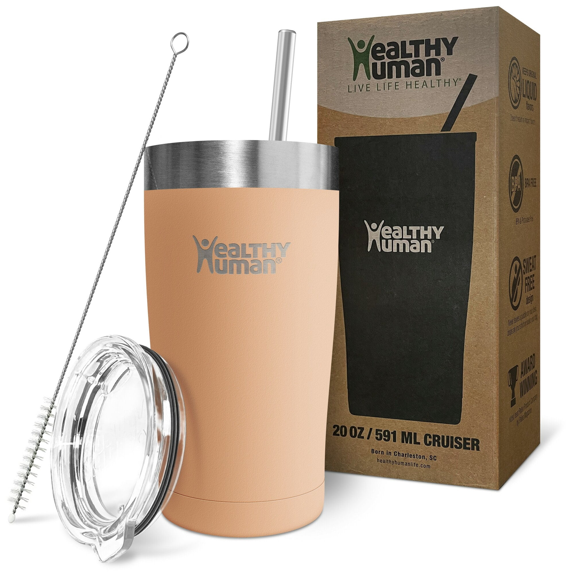 Healthy Human Stainless Steel Tumbler with Straw & Lid | Splash Proof Insulated Travel Cup | Eco-Friendly Coffee Tumblers | Water Cups with Straws Cleaner and Splash Proof Lids (20oz, Papaya)