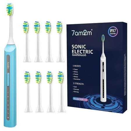 7AM2M Sonic Electric Toothbrush, High Power Rechargeable Toothbrushes, with 8 Brush Heads for Adults and Kids, 15 Adjustable Modes, Built-in 2-Minute Smart Timer, 4 Hours Fast Charge, Light Blue