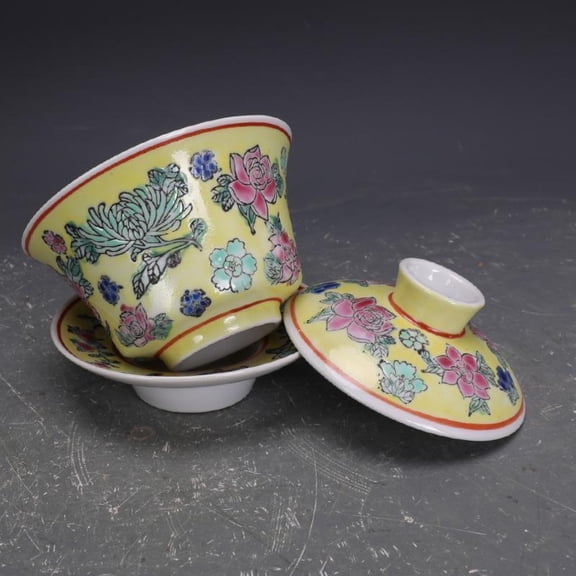 Fencai Yellow Ground Floral Gaiwan Tea Cup Three Piece Lidded Porcelain Bowl Vintage Chinese Gongfu Set