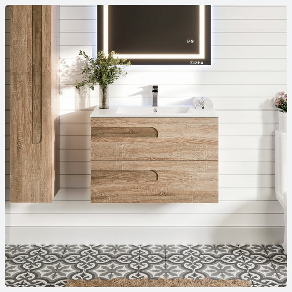 Eviva Joy 39" Maple Wall Mount Bathroom Vanity w/ White Integrated Top