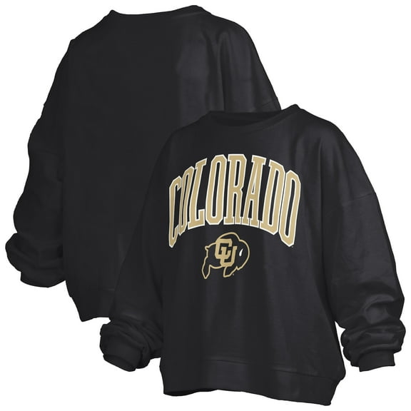 Women's Pressbox Black Colorado Buffaloes Janise Arch Over Logo Waist Length Oversized Pullover Sweatshirt