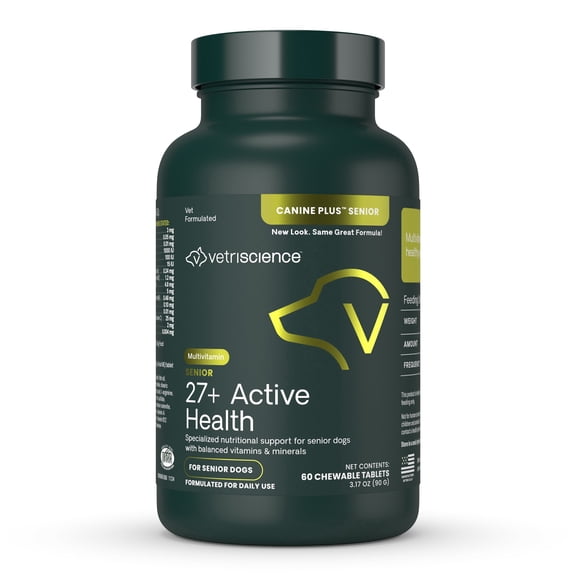 VetriScience 27 Active Health Aging Multivitamin Chewable Tablets for Senior Dogs, Duck Flavor, 60 Count Bottle