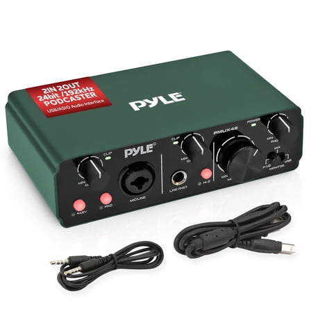 Pyle USB Audio Interface for Recording, Streaming & Podcasting – 2 Inputs 2 Outputs, 48V Phantom Power, 24bit/192kHz ASIO, Studio-Quality Sound, Rugged Metal Chassis - Compatible with Windows/Mac