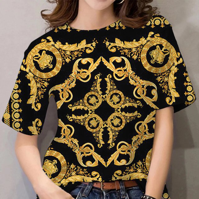Camisetas de manga corta para mujer, Tops 3D, camisas barrocas de lujo, ropa de diseñador, camiseta informal de gran tamaño con cuello redondo