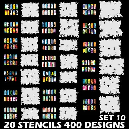 Airbrush Stencil Template Set Custom Body Art Airbrush Nail Stencils - Design Series Set # 10 includes 20 Individual Nail Templates with 15 Designs ()