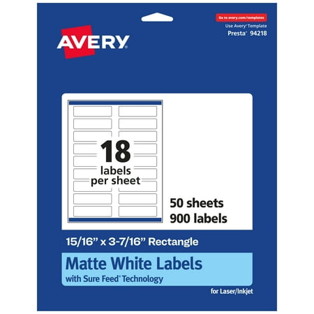 UPC: 0194793021806 | Avery Matte White Rectangle Labels with Sure Feed  15/16  x 3-7/16   900 Matte White Printable Labels