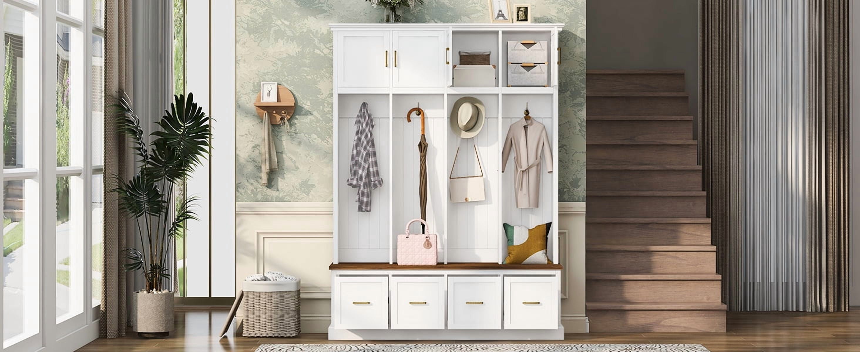 Mintazer 78” Tall Farmhouse Entryway Hall Tree with Coat Rack Hooks, Cabinets, Drawers & Shoe Storage Bench for Living Room, Bedroom, Hallway, White