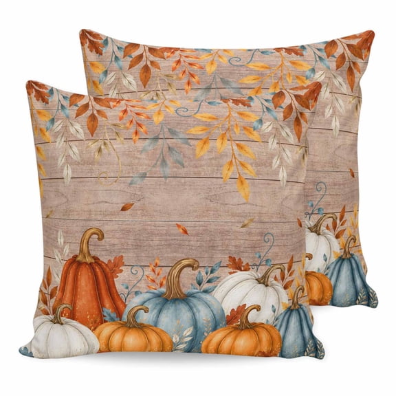 Pillow Covers 20x20 Set of 2, Teal Orange Fall Square Throw Pillow Covers for Couch/Sofa/Living Room, Retro Thanksgiving Pumpkins Leaves Wooden Decorative Soft Pillowcases for Couch Throw Pillows