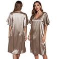 thumbnail image 5 of Fjuchai Women's Satin Pajamas Silk Pleated Nightgown Loose Sleepwear Solid Color Nightshirt Short Sleeve V-Neck Sleep Dress S-XL, 5 of 8