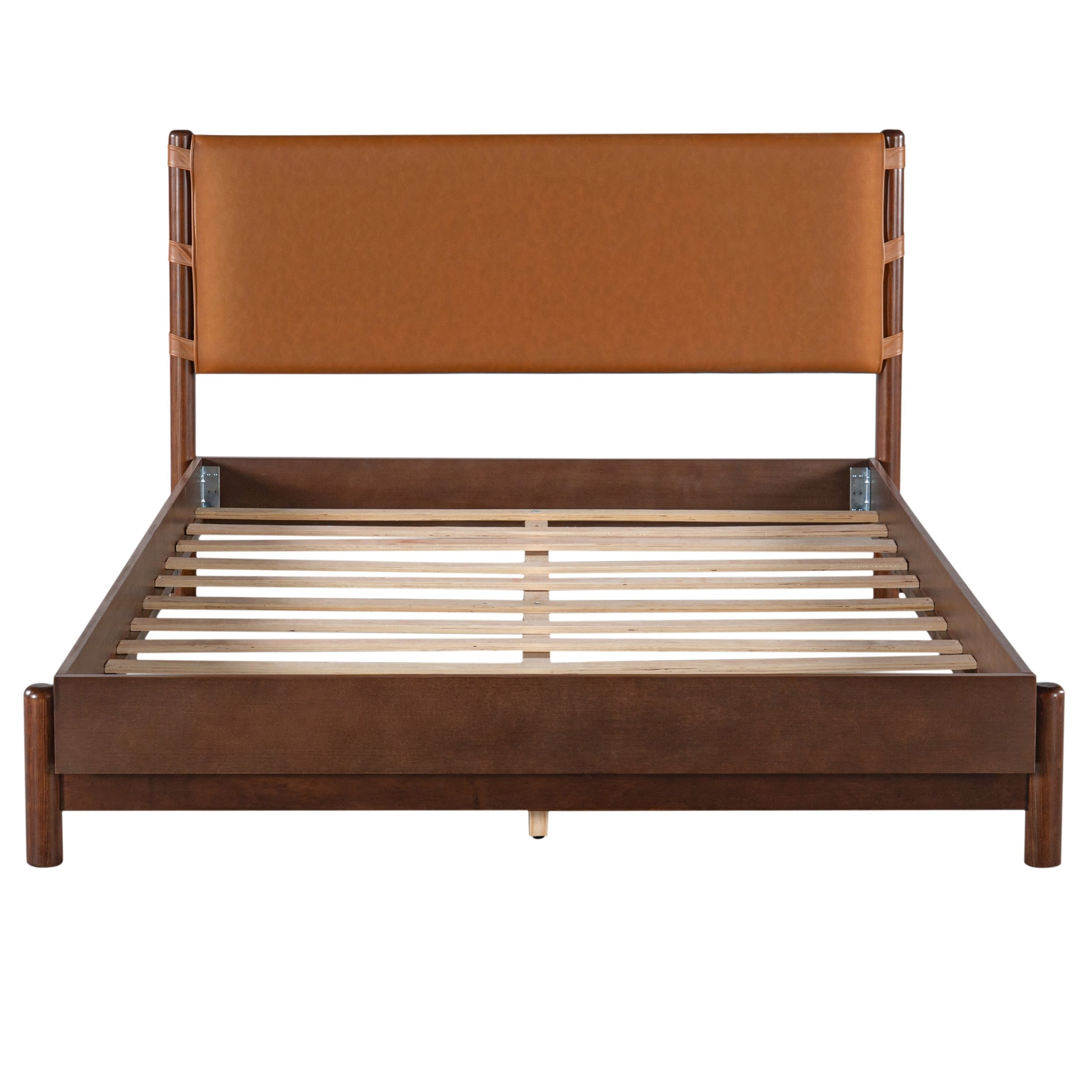 Christopher Knight Home Queen Modern Wood Platform Bed with PU Upholstered Headboard, Walnut+Brown
