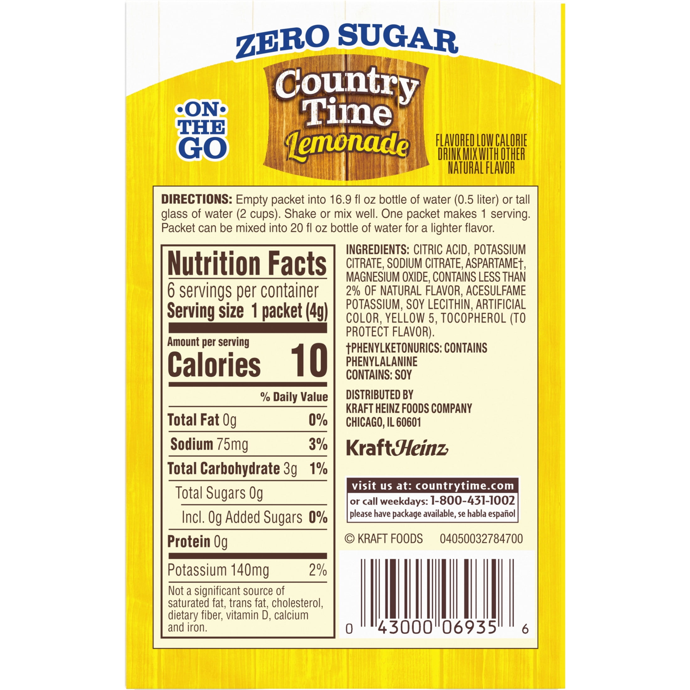 Country Time Zero Sugar Lemonade Sugar Free Drink Mix Singles, 6 ct On-the-Go Packets