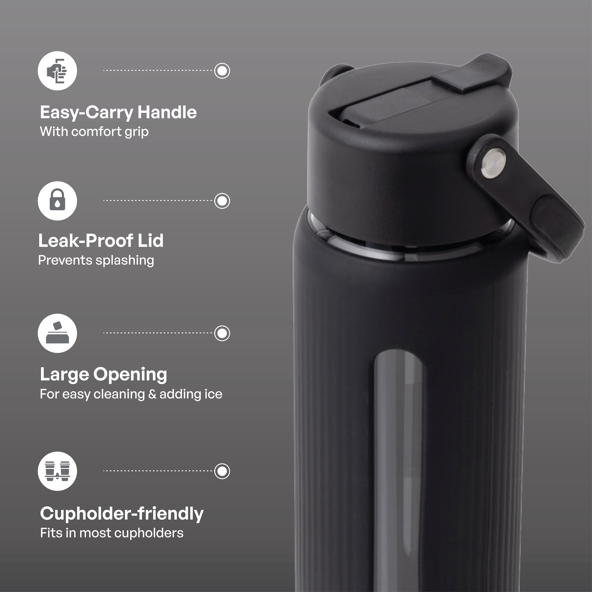 TAL 24oz Glass Willow Water Bottle with Flip-up Straw and Handle, Black