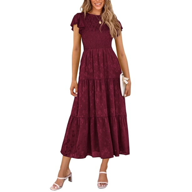 Vestido midi PRETTYGARDEN para mujer, floral, verano 2025, rojo vino