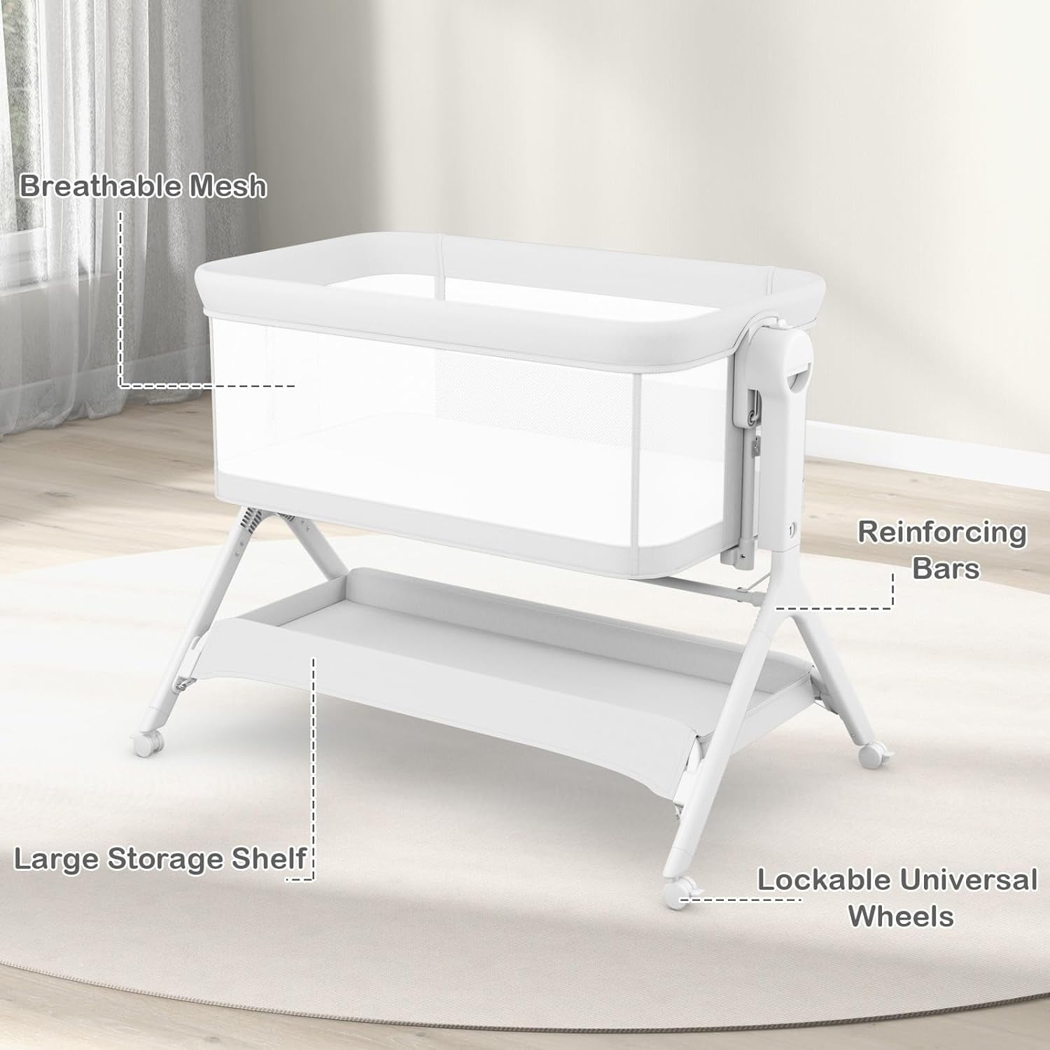 INFANS 5 in 1 Baby Bassinet, Upgraded Flat Rocking Bedside Sleeper with Wheels, Storage Basket, Travel Bag, Mosquito Net, Height Adjustable, Portable All Mesh Crib for Newborn/Infant
