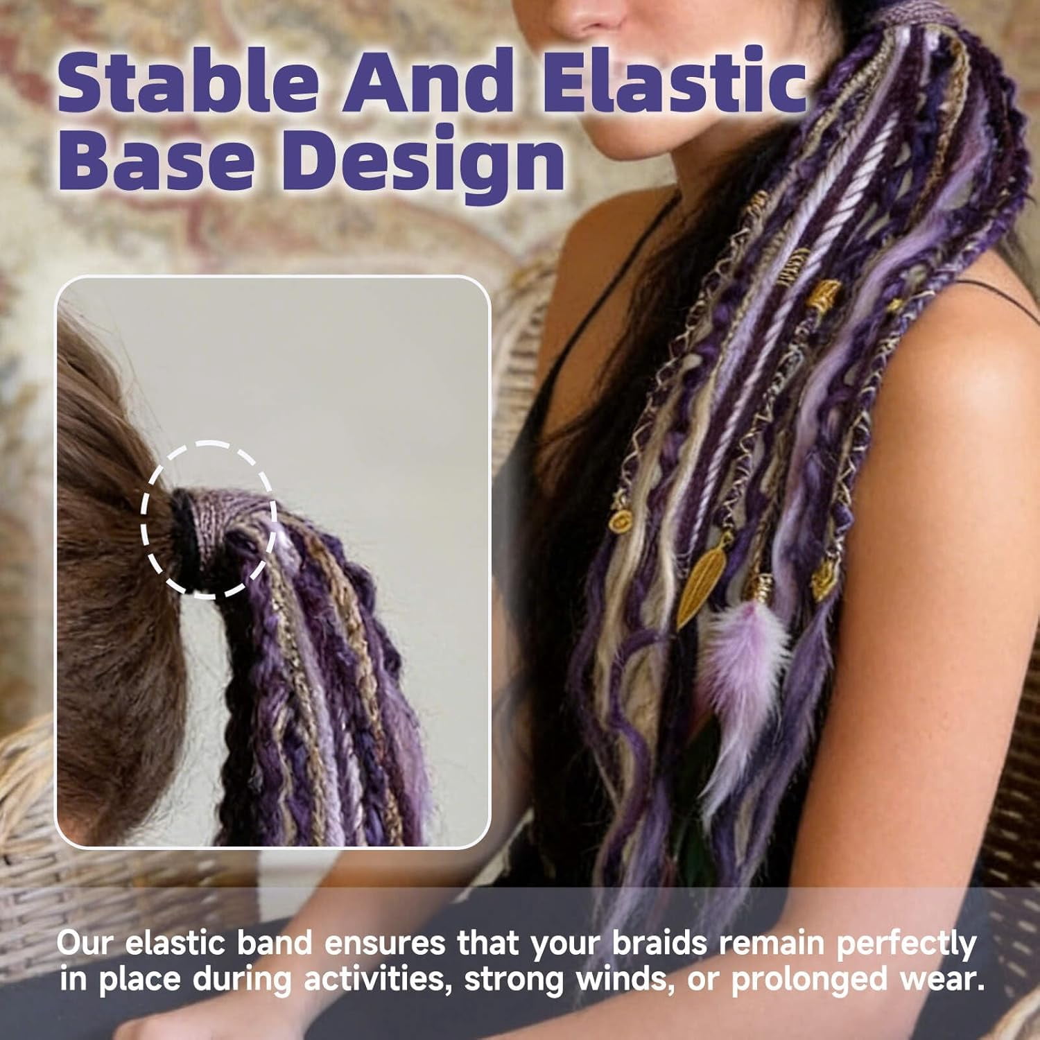 Elastic Dread Ponytail-22 Inch Hand-Woven Lightweight Style with Beads. Quick-Wear Hair Extensions Create Bold Boho Style, Great as a Braided Ponytail or Dreadlocks Ponytail for Festival & Daily