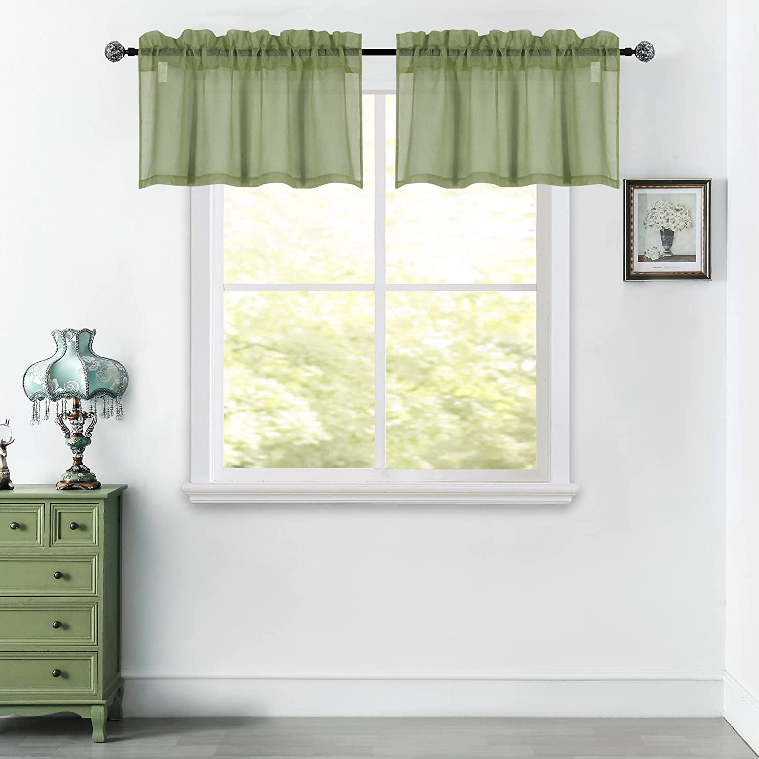 Sage Green Sheer Valances for Kitchen 18 Inches Long Linen Look Light