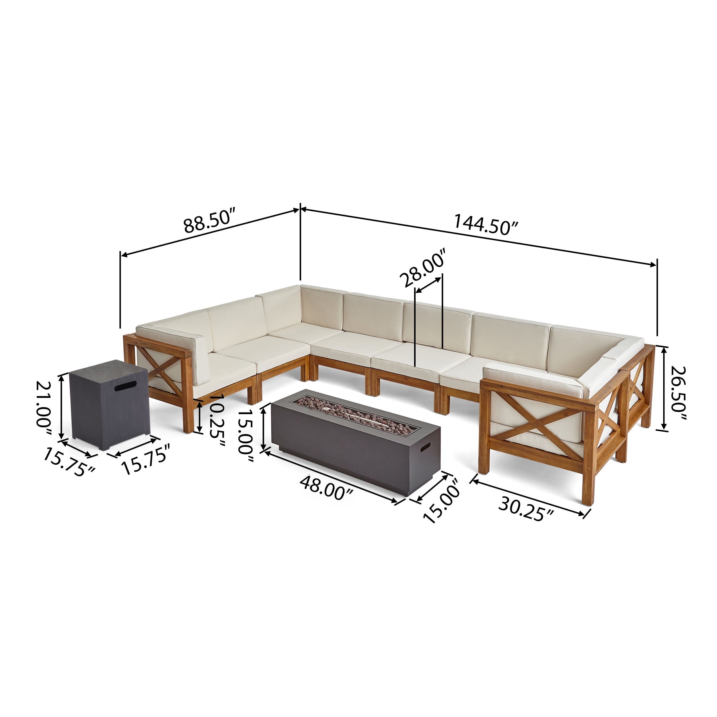Kobe Outdoor 10 Piece Acacia Wood Sectional Sofa Set with Cushions and Fire Pit, Teak, Beige, Dark Gray