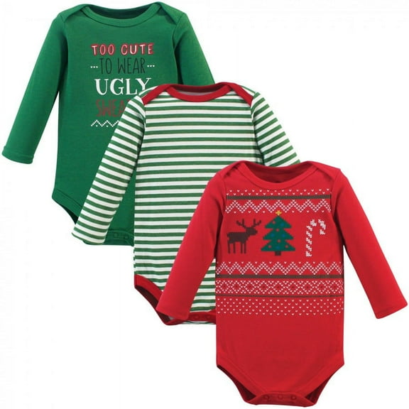 Little Treasure Baby Boy Cotton Long-Sleeve Bodysuits 3pk, Ugly Sweater, 0-3 Months