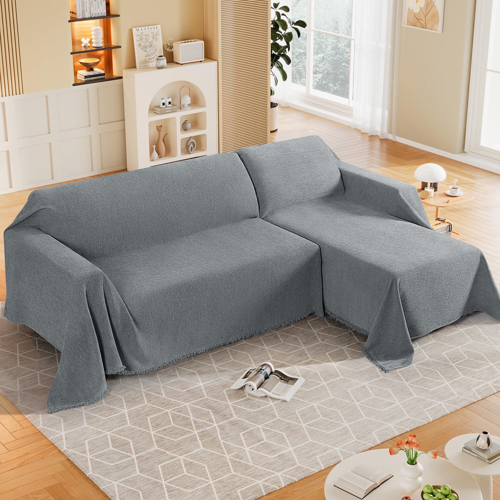 Timeles Couch Covers Washable Oversized Sofa Slipcovers with Tassels Sectional Couch Cover Soft Sofa Blanket Durable Furniture Protector for Kids Pets (71" x 150", Grey)