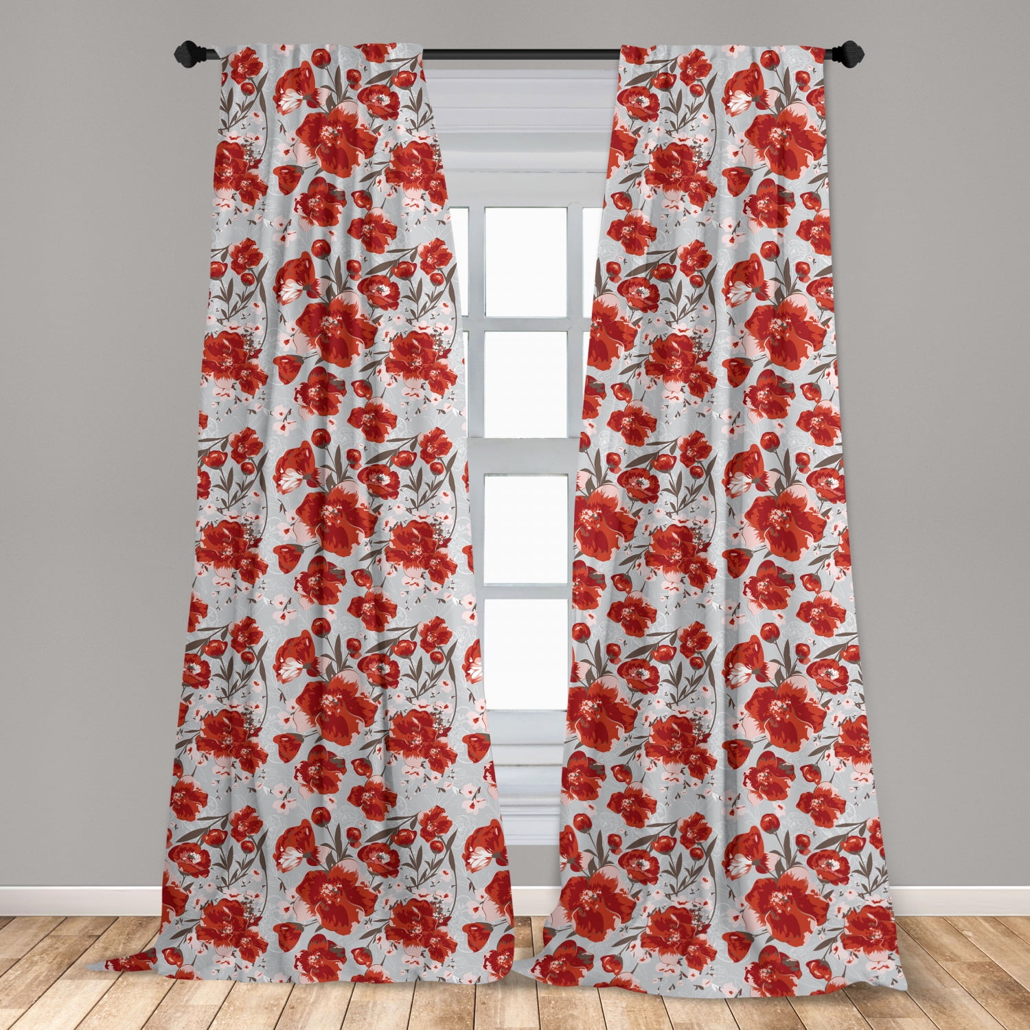 Floral Curtains 2 Panels Set, Pattern of Flowers on a Pale Background