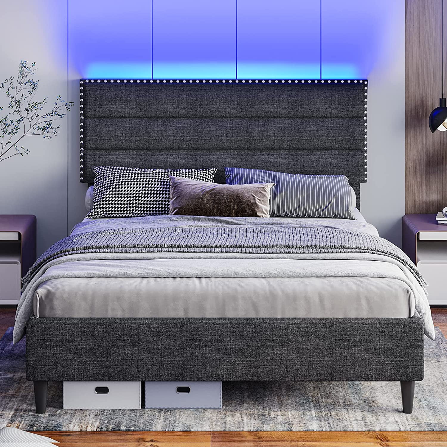 ADORNEVE Queen LED Bed Frame with Adjustable Headboard, Modern