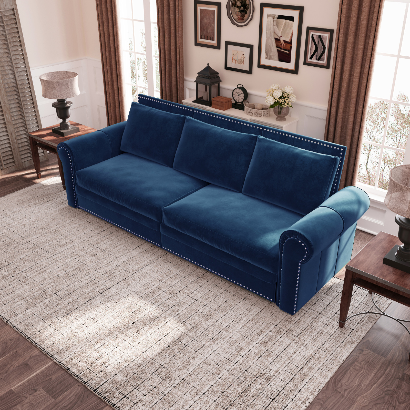 Luxurious 94" King Pull Out Sofa Bed, 3-in-1 Velvet Convertible Sleeper Sofa with Nailhead Trim, Rolled Arm & Deep Seat for Living Room, Blue
