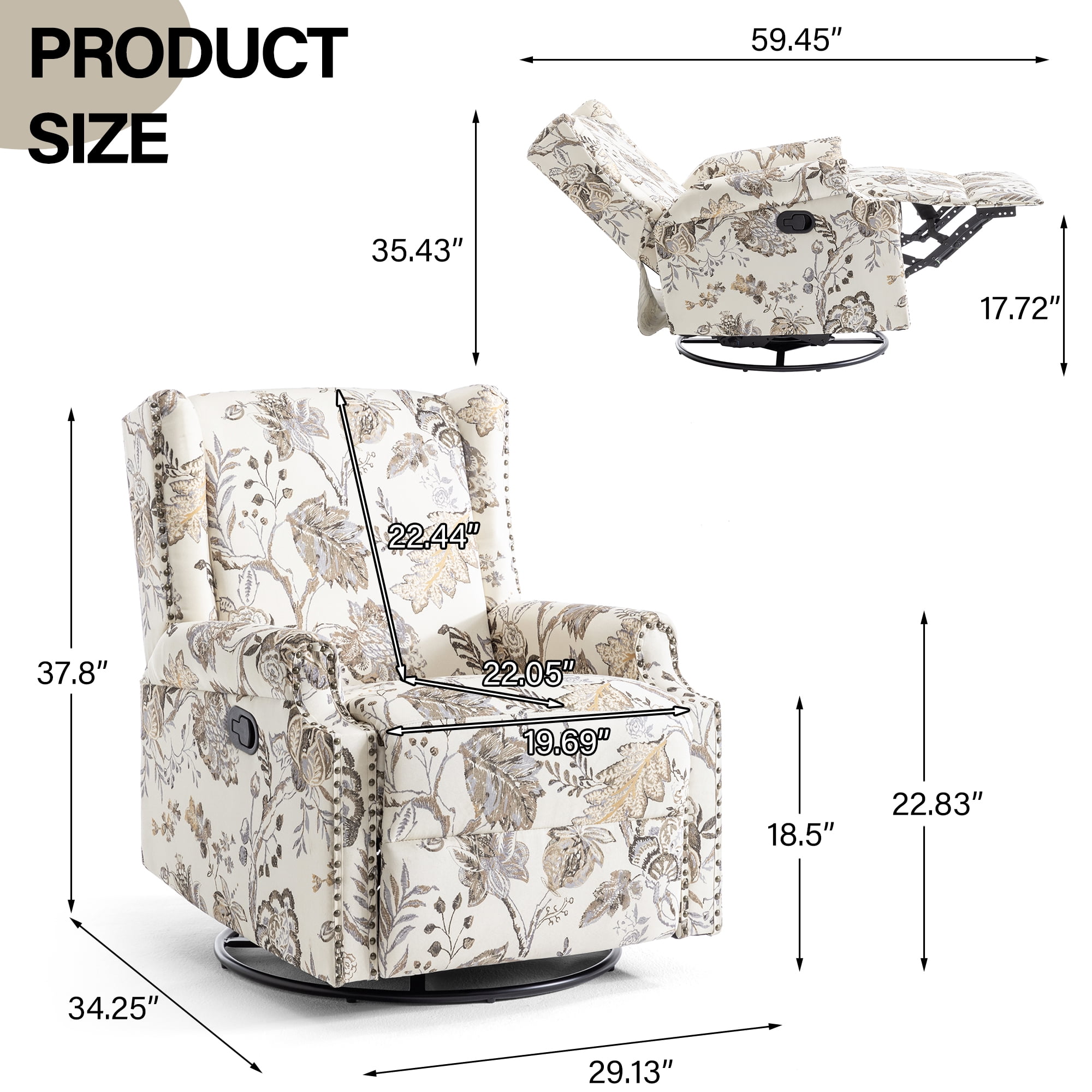 DREAMSIDEA Recliner Swivel Glider Rocker Nursery Chair for Adults, High Back Upholstered Rocking Armchair for Living Room, Manual Reclining Sofa Lounge Chair with Deep Seat in Fabric - Beige Plants