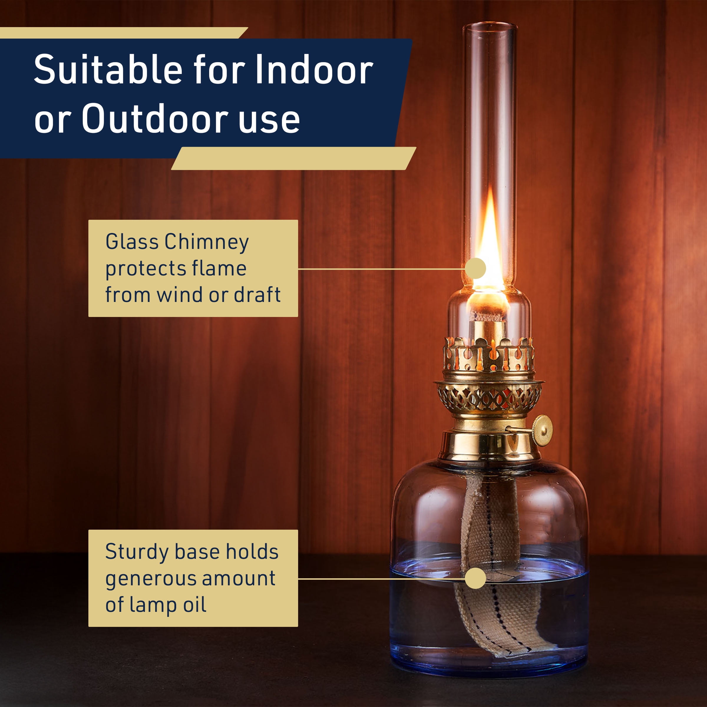 Kings County Tools Glass Oil Lamp - 15.5” Tall Decorative Lantern (Blue)