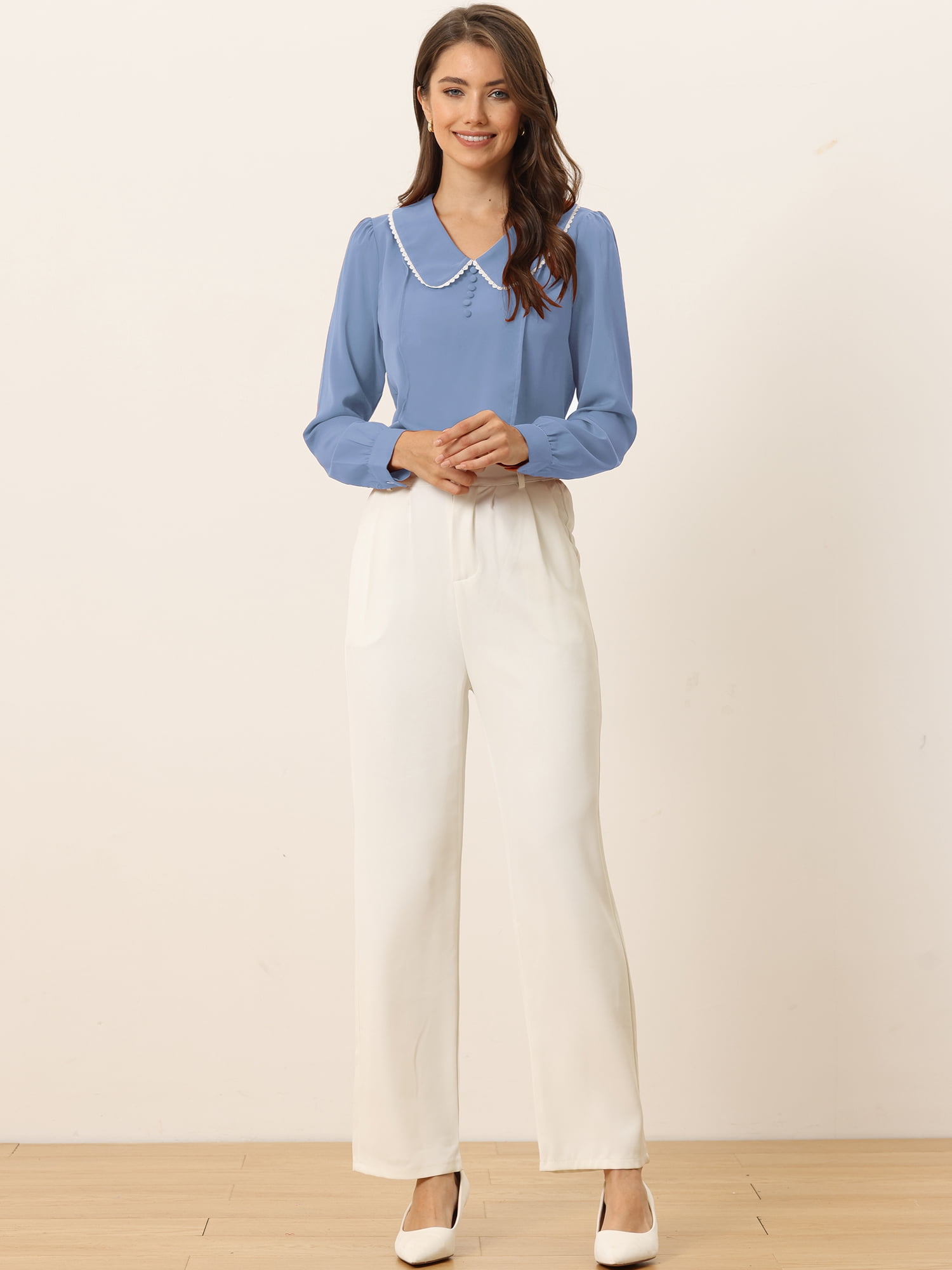 DARING DIVA Women's Peter Pan Collar Button Chiffon Blouse S Dusty Blue