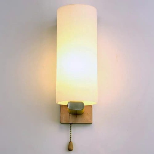 Modern Glass Wooden Wall Lamp Bedroom Sconces Light Fixture Decor &Pull Switch