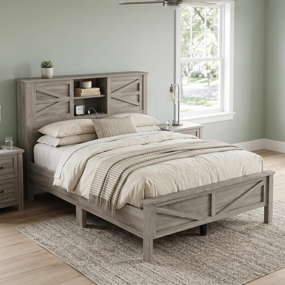 Homy Casa 3-Piece Bedroom Set, Full Size Platform Bed with Storage Headboard, Nightstand & Dresser, Vintage Gray, USB Charging, Modern Style