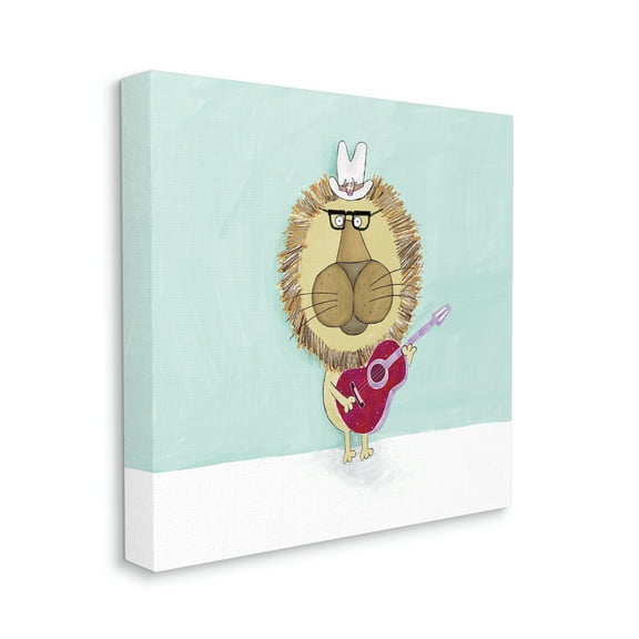 Lion With Cowboy Hat Playing Red Guitar Animals & Insects Gallery-Wrapped Canvas Print Wall Art, 17x17