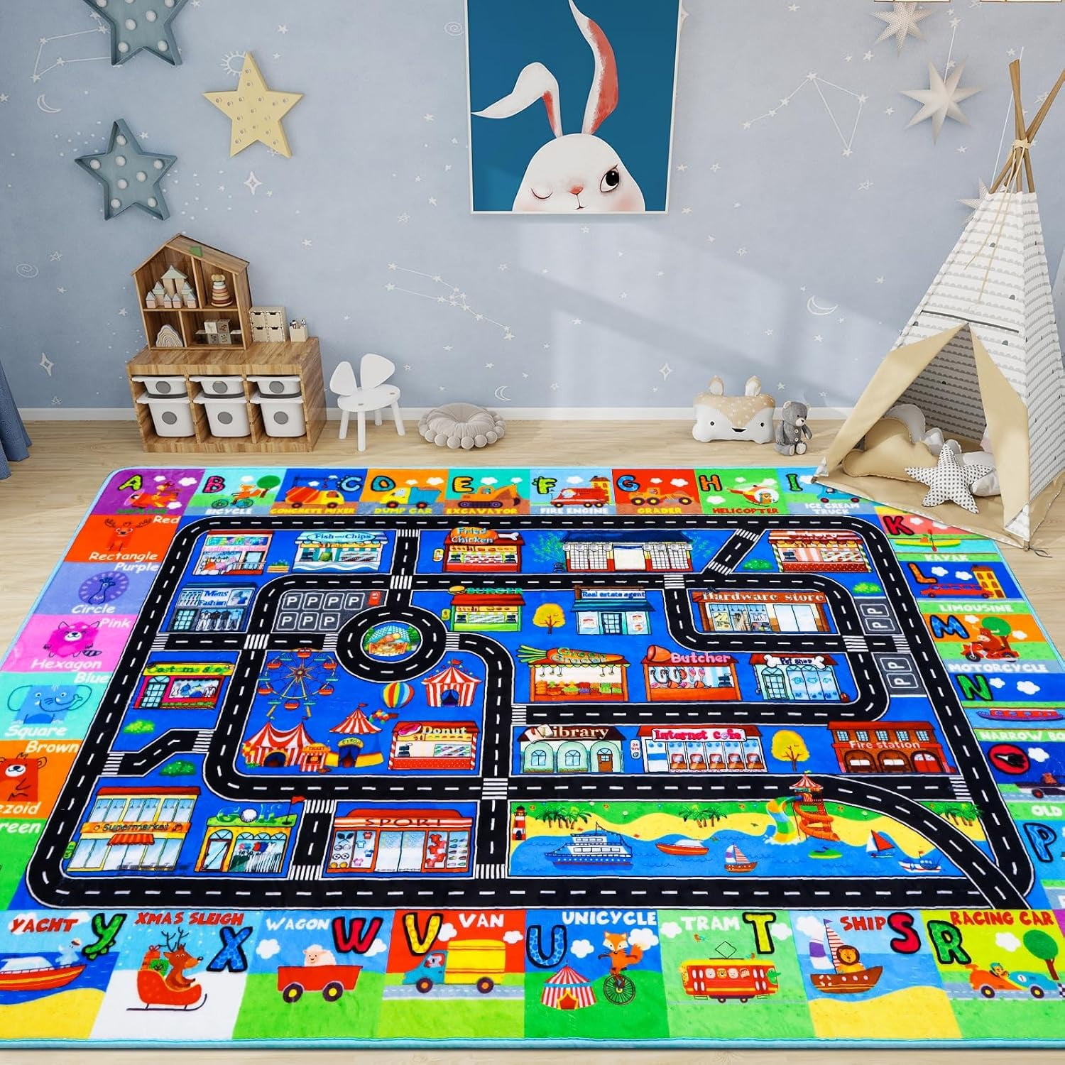 ABC Transportation Kids Rugs 59"×39.4" Animals Play Mat for Toy Cars Playroom