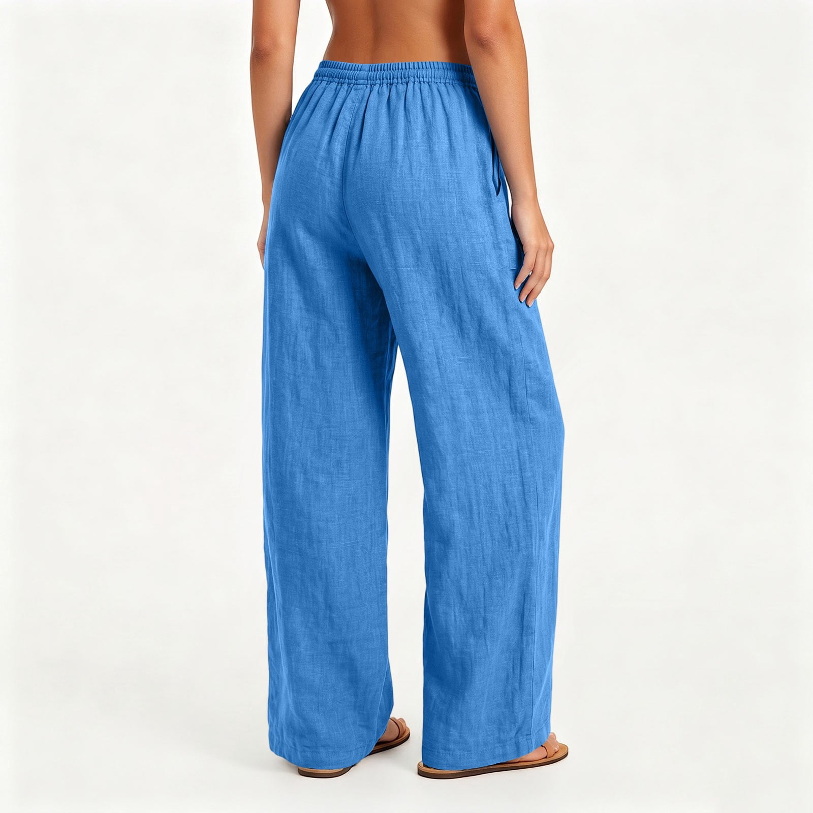 Womens Summer Pants Full Length Pants Fashion Ladies Summer Casual Loose Cotton and Linen High Waisted Trousers Solid Color Drawstring Elastic Waist Loose Long Pants with Pocket