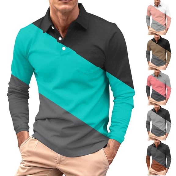Hearthz Patchwork Men's Polo Shirt 3-Button Long Sleeve Shirt Men Summer Vacation Beach Collared Golf Shirts with Pocket
