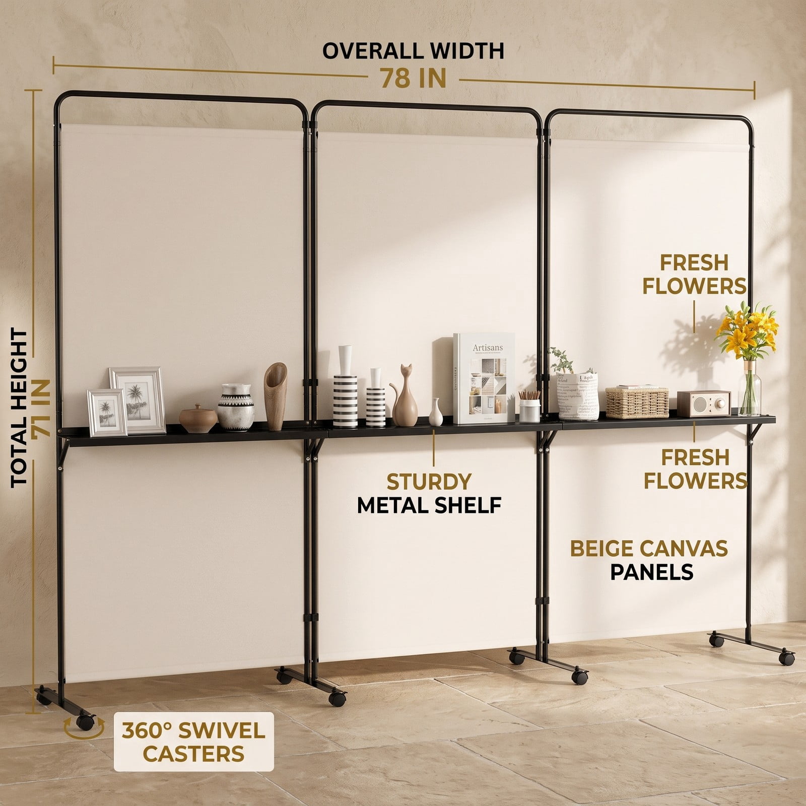 ALPULON 3-Panel Room Divider with 3 Shelves, 6 FT Tall Folding Privacy Screen Freestanding Partition with Lockable Wheels for Living Room Bedroom Office, White