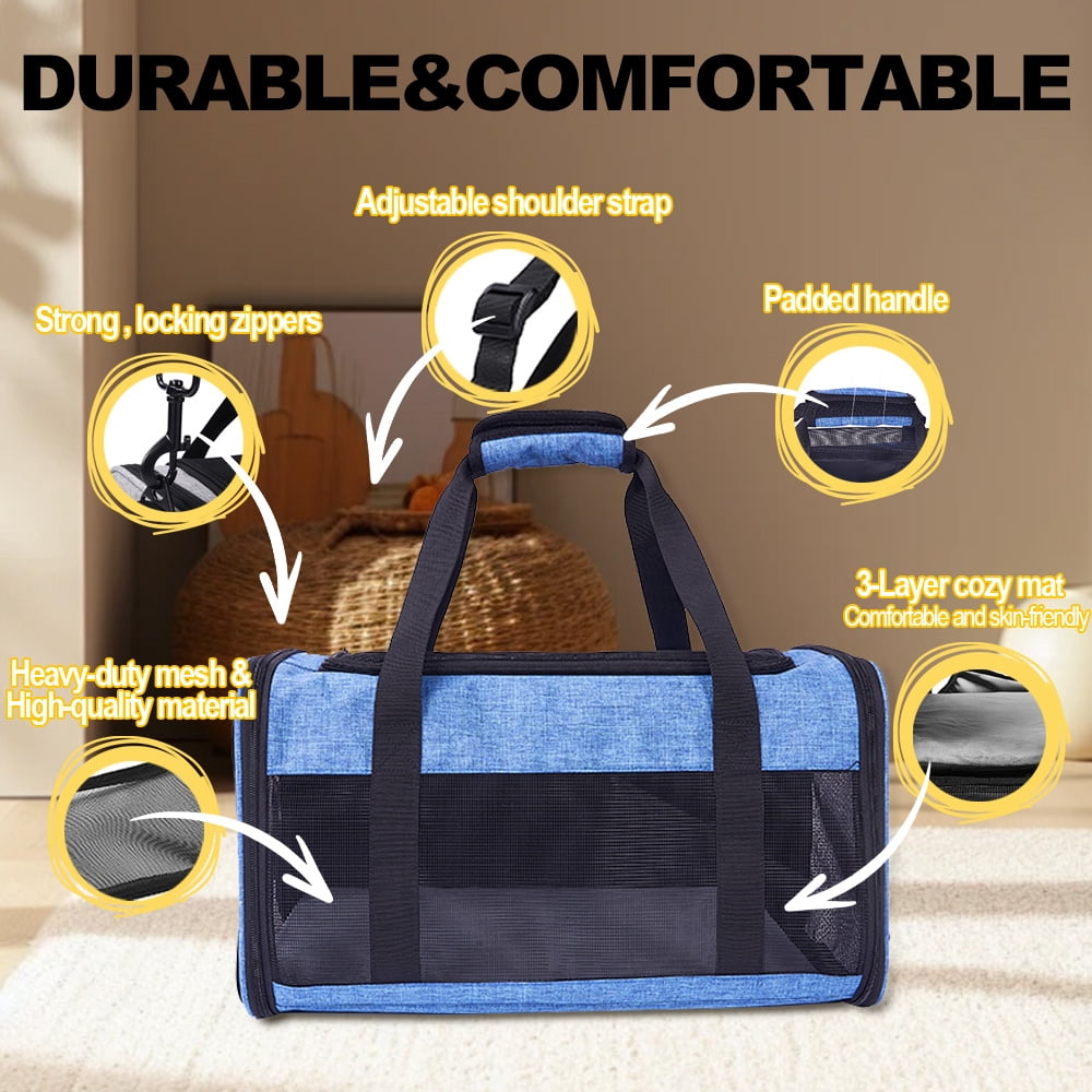 Airline-Approved Pet Carrier For Small To Medium Sized Cats And Puppies (up to 17 lbs) With Folding Litter Box, Collapsible Cat And Dog Carrier For Air Travel And Daily Trips(Blue)