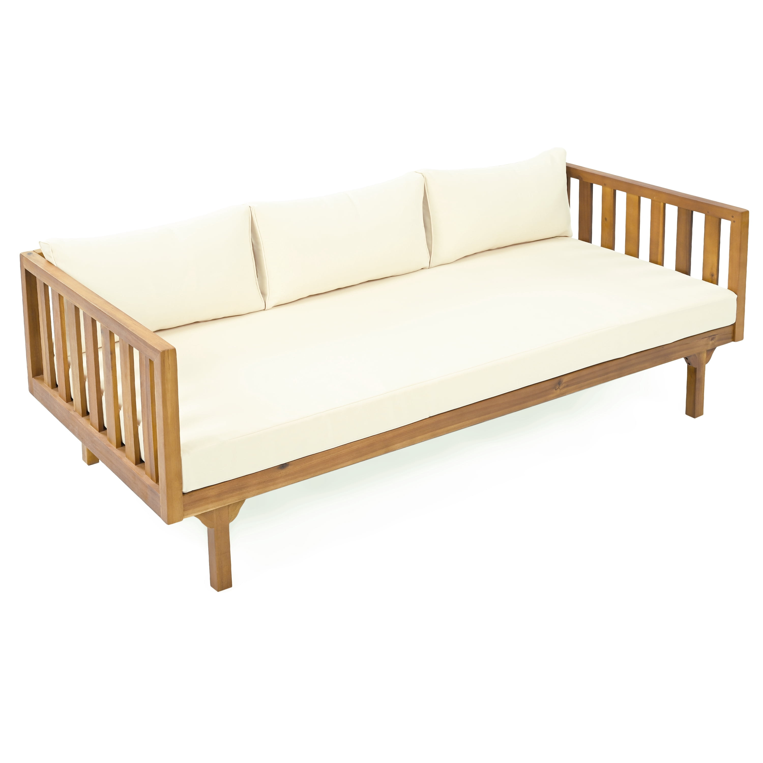 3 Seater Daybed, Outdoor Patio Leisure Daybed for Patio Garden, Teak and Beige
