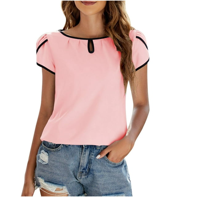 LOVZFMLL Women's Tops Casual Work Cap Sleeve Keyhole Neck Business Blouses Basic Pleated Tops Spring Summer Clothes Pink XXL