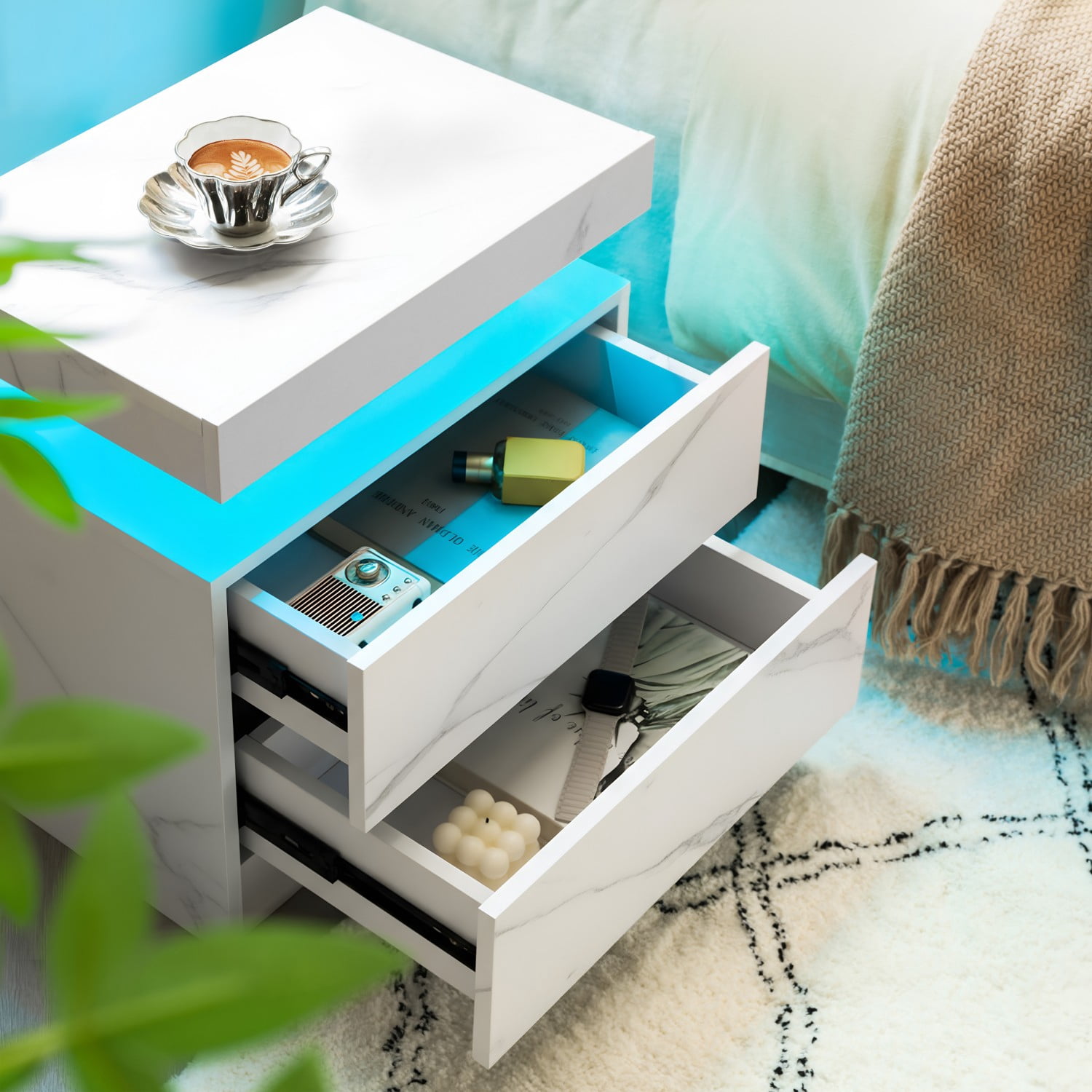 Nightstand with LED Lights, Modern Bedside Table with 2 Drawers and Open Storage, Adjustable RGB Light End Table for Bedroom Living Room Office, Matte White