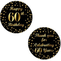 60th Birthday Round 2 Inch Big Glossy Stickers, Thank You for Celebrating 60 Years Black and Gold Labels, Great for Party Favors, Decorations, Tags, Gift Bags and Supplies