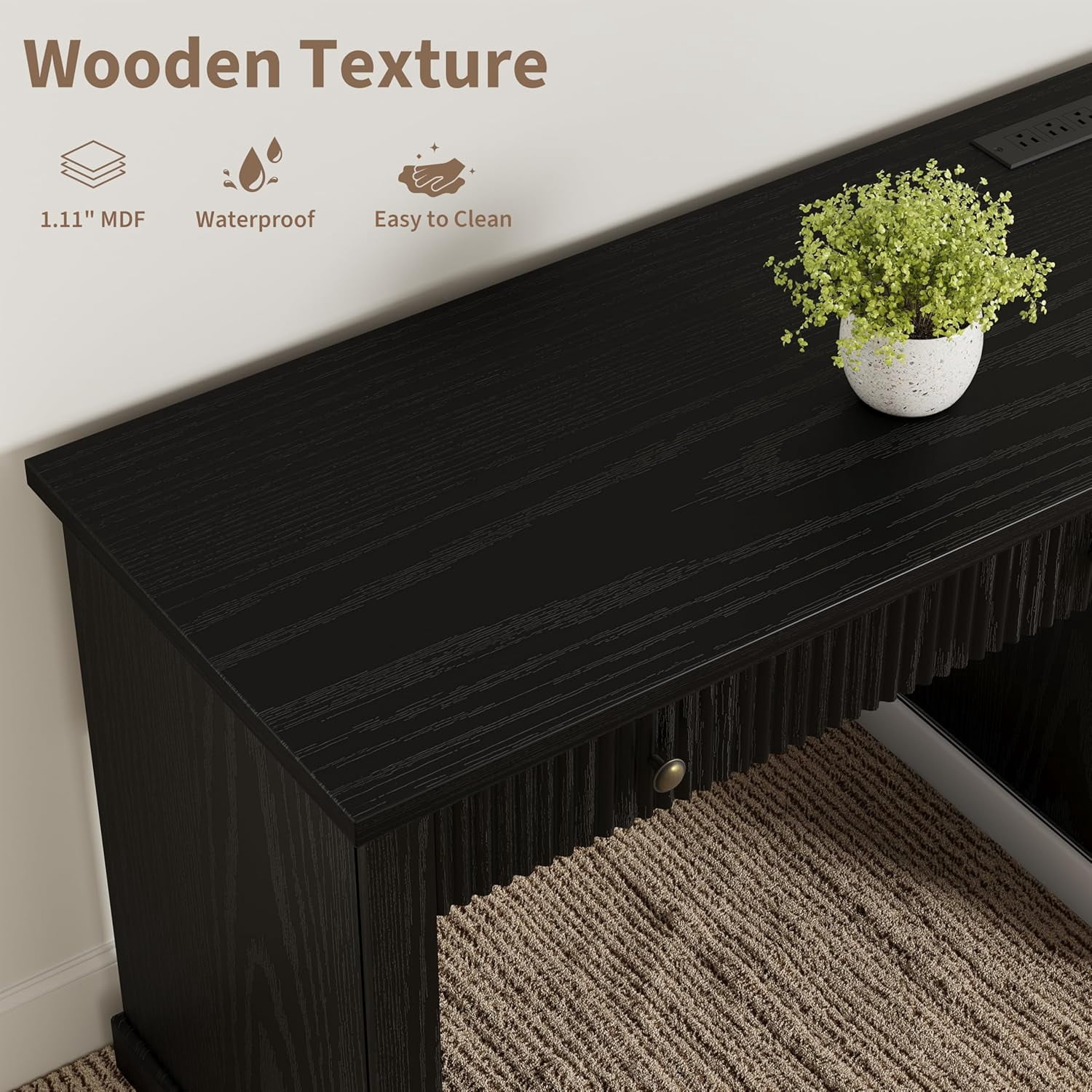 Modern 54" Executive Office Desk with Fluted Details & Charging Station - Wooden Computer Desk with File Drawers, Home Office Storage Desk for Study, Living Room or Bedroom, Black