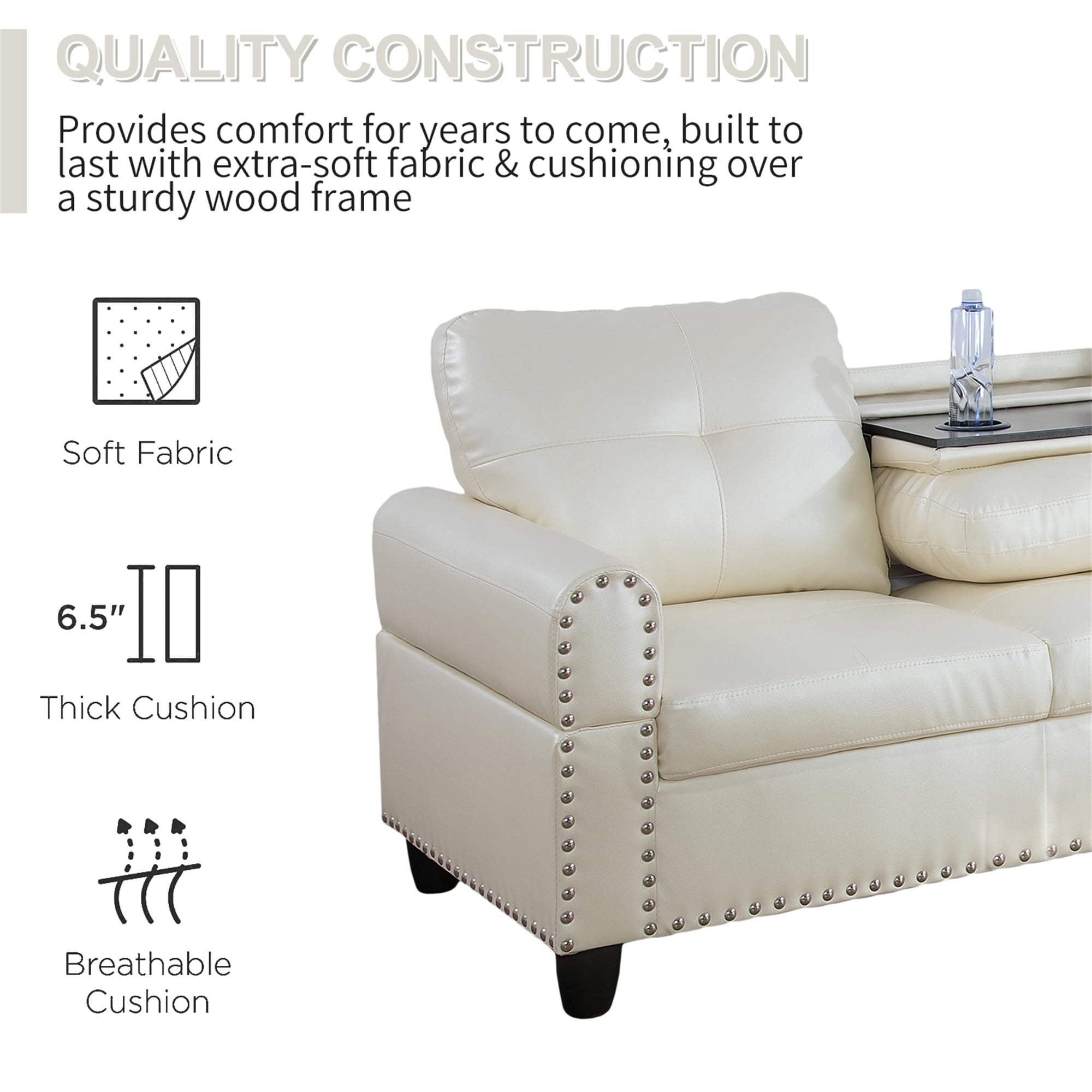 Aukfa 96" Leather Sectional Sofa with Storage Ottoman for Living Room, 2 Cup Holders, Right Facing Chaise, White