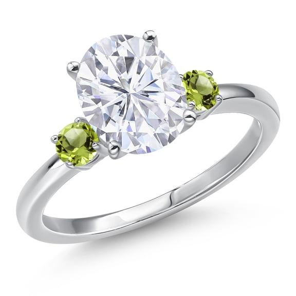 Gem Stone King 14K White Gold White Moissanite and Green Peridot Engagement Ring for Women | 3.24 Cttw | Oval 10X8MM | Gemstone Birthstone | Size 6