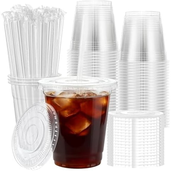 Clear Plastic Cups with Lids and Straws 12 OZ 100 Pack, Disposable Iced Coffee Cups with Lids for To-Go Cold Drinks, Smoothies and Slushie