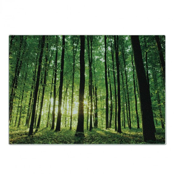 Forest Cutting Board, Green Woodland at Sunrise Scenic Morning Nature Environment Ecology Serenity, Decorative Tempered Glass Cutting and Serving Board, Small Size, Green Black Yellow, by Ambesonne