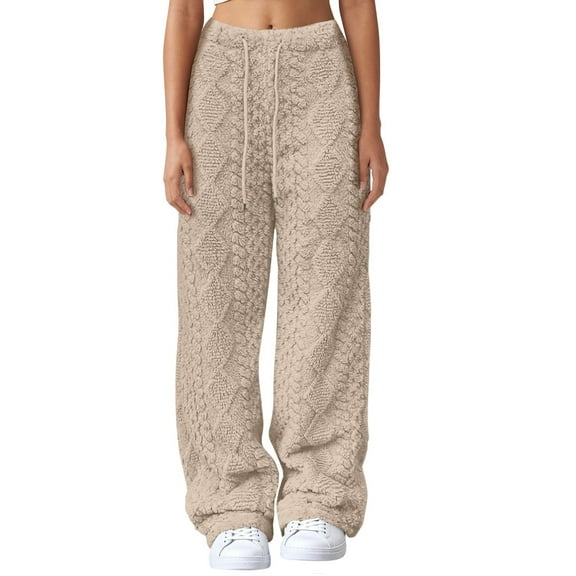 GILIGEGE Women's Cable Knit Sweater Pants Fleece Lounge Joggers Long Harem Pants with Elastic Waist Drawstring 2025 Beige L