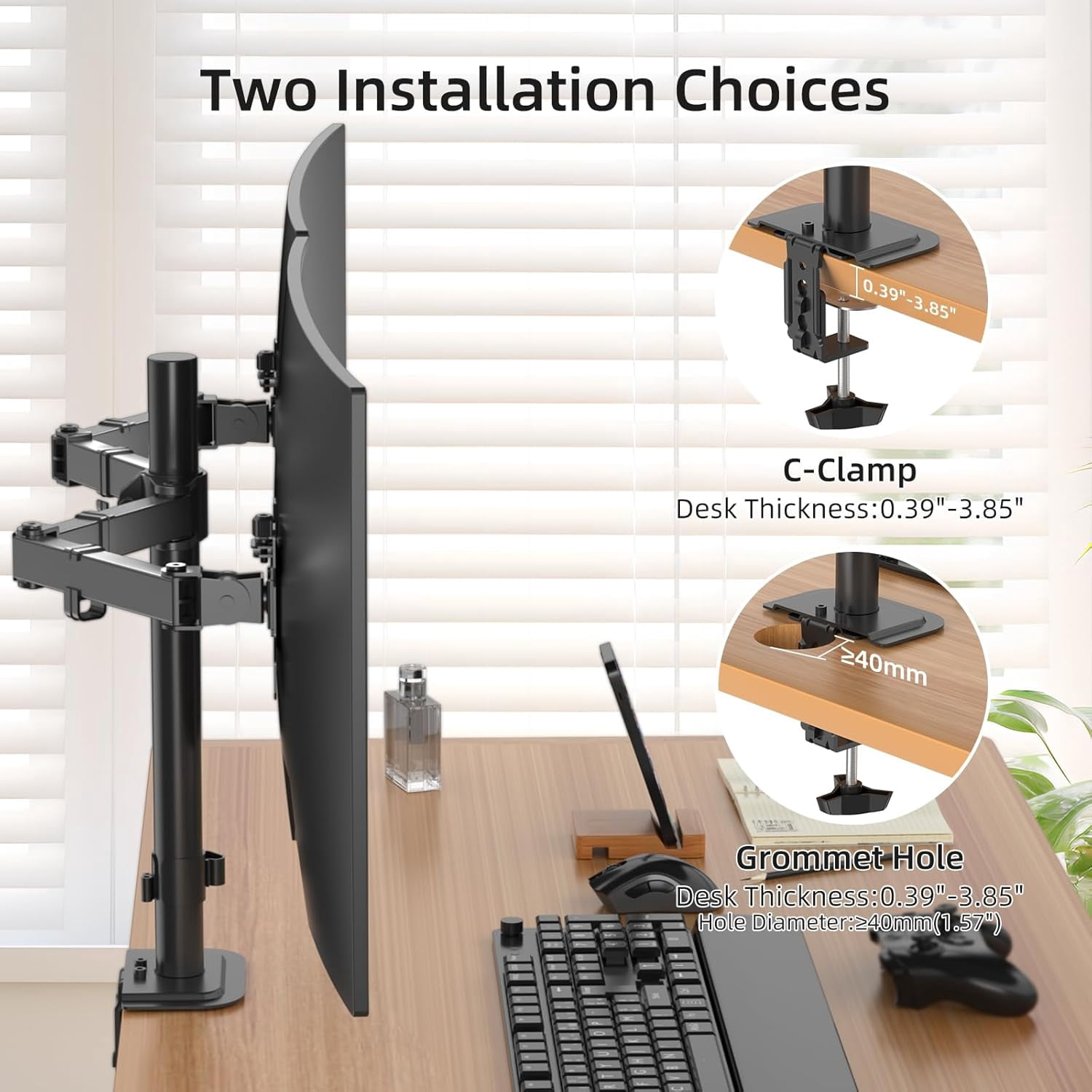 Dual Monitor Desk Mount Adjustable Arm for 2 Screens  to 43 inch 15.75 Pole Stand Holds 22 lbs Black MD9442LB