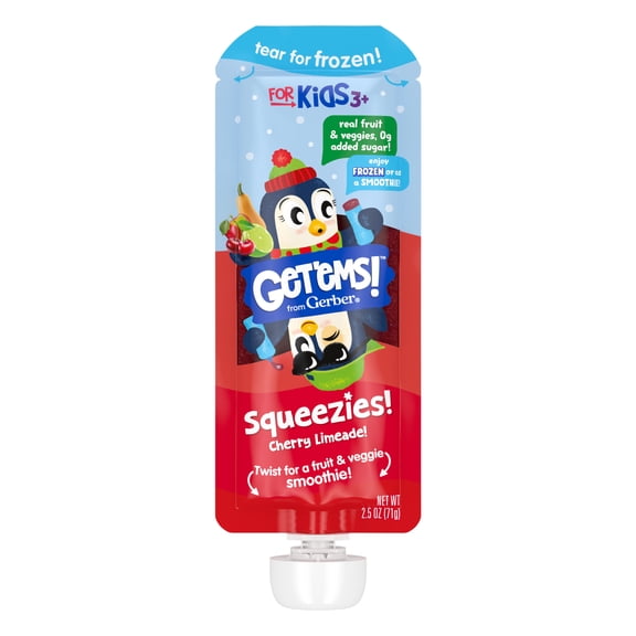 Gerber Get'ems Squeezies, Cherry Limeade Smoothie Pouches, Freezable Kids Snack, 2.5 oz Pouch (4 Pack)